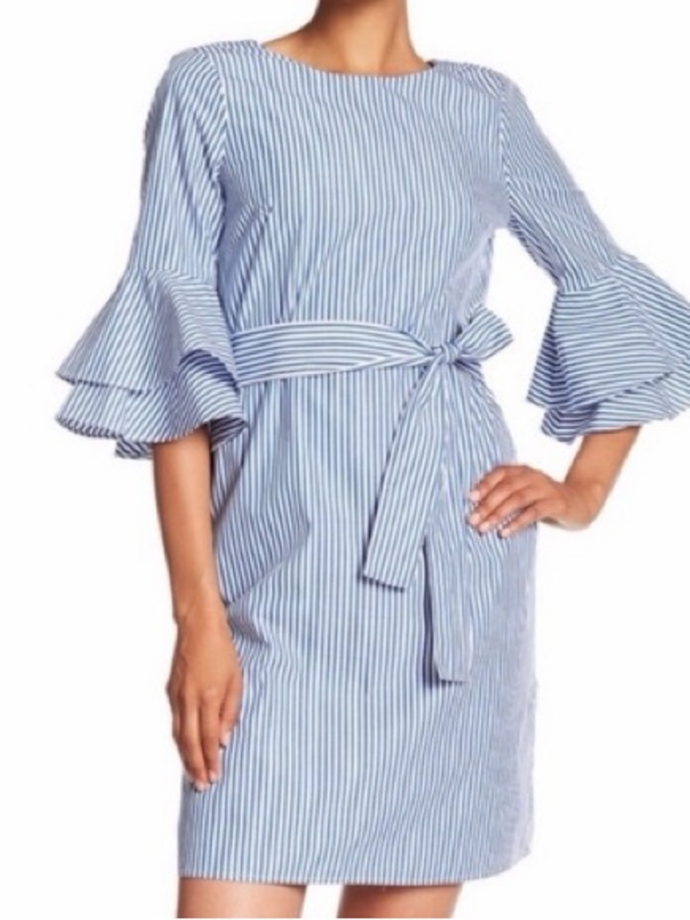 Nine West Blue White Striped Midi Dress with Ruffle Sleeves with Belt Size 10